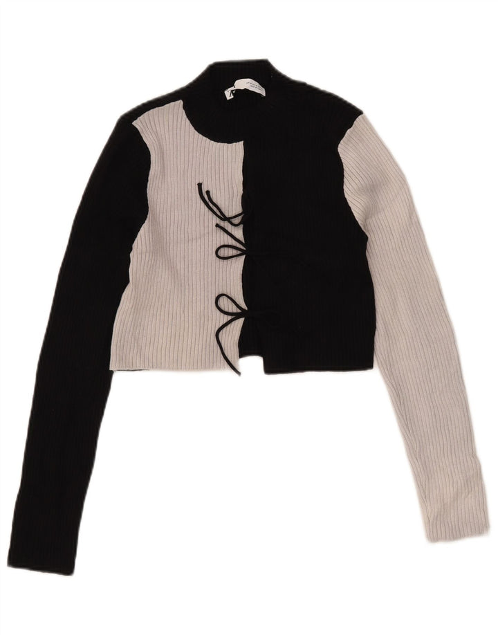 Zara Womens Crop Top Langærmet UK 12 Medium Black Colourblock Viscose