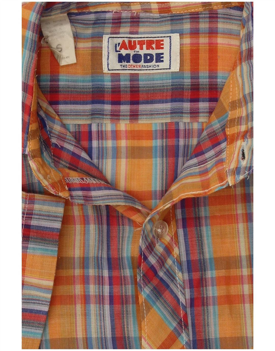 Vintage kortærmet herreskjorte lille orange ternet polyester