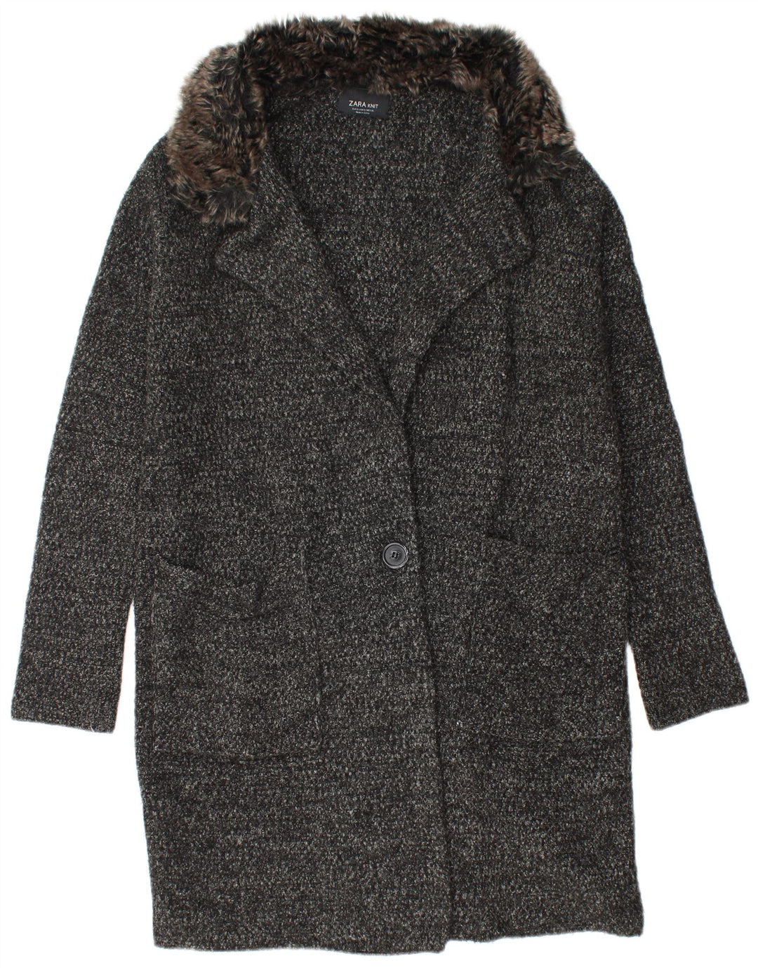 Zara Dame Oversized Knit Overcoat UK 10 Small Black Flecked Acryl