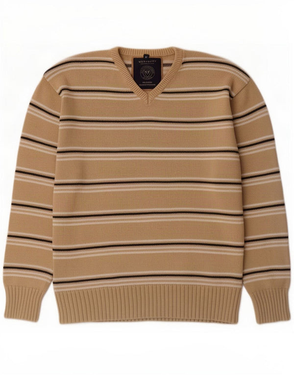 WESTBURY Mens V-Neck Jumper Sweater Medium Beige Striped Cotton