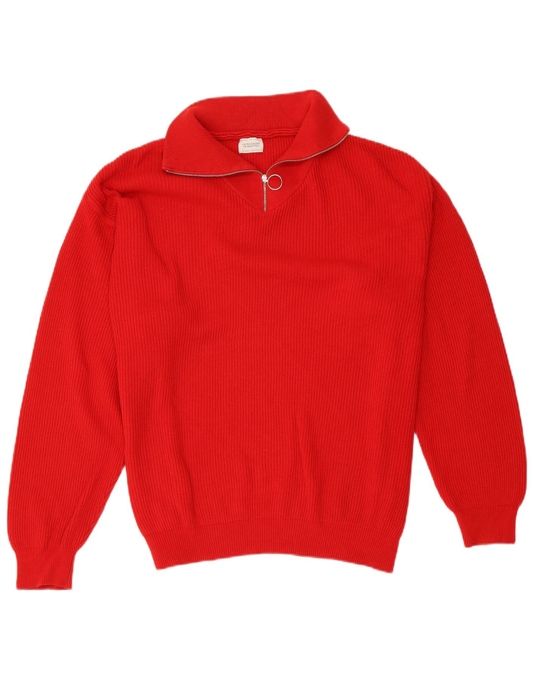 Benetton Herre Zip Neck Jumper Sweater Stor Rød Bomuld