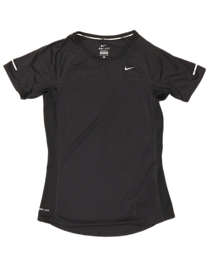 Nike Dame Dri Fit T-Shirt Top UK 10 Small Black Polyester