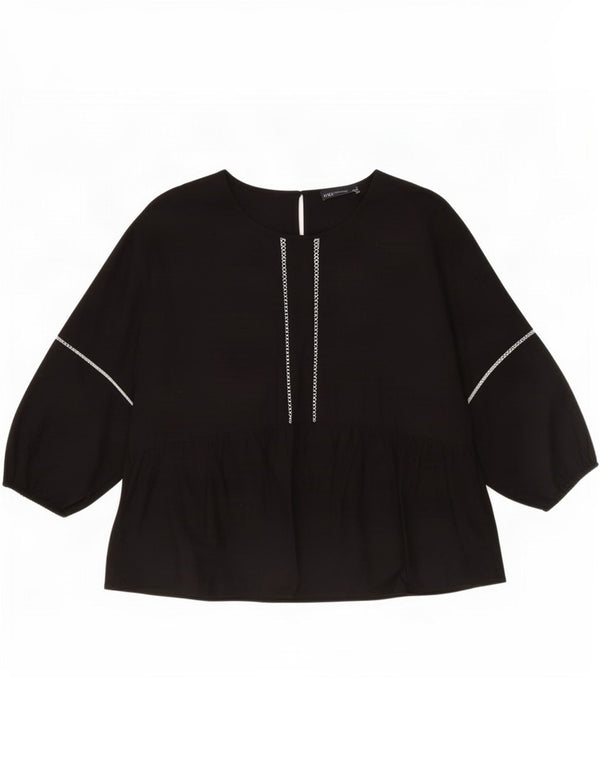 Marks & Spencer Dame Langærmet Bluse Top UK 12 Medium Sort Bomuld