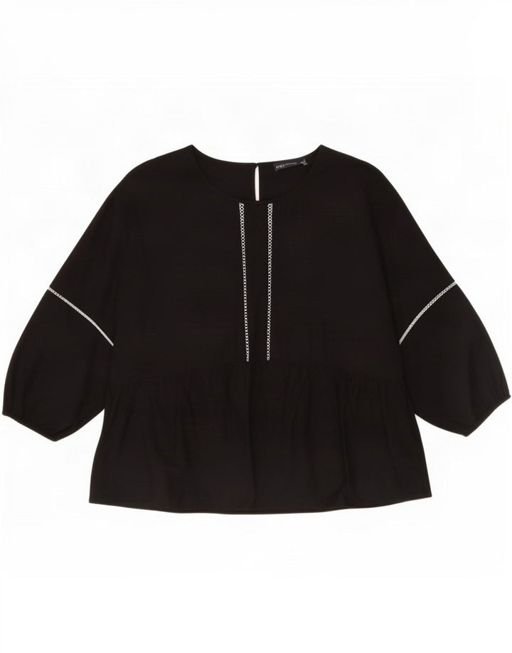 Marks & Spencer Dame Langærmet Bluse Top UK 12 Medium Sort Bomuld