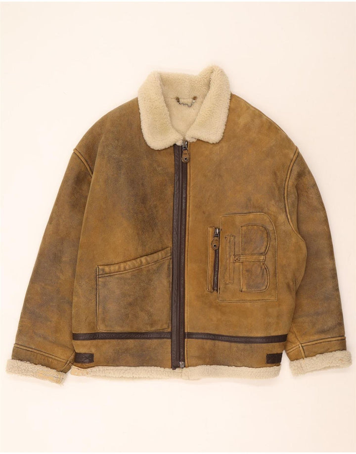Vintage Herre Shearling Læderjakke UK 42 XL Brun