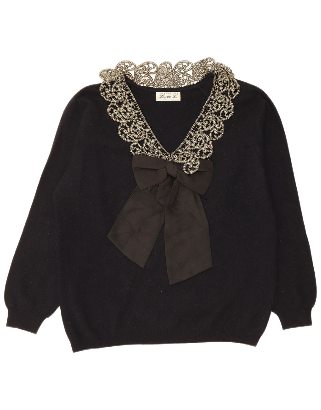 LETIZIA L. Dame V-hals sweater UK 16 Large Black Paisley Wool