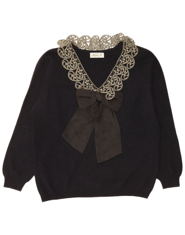 LETIZIA L. Dame V-hals sweater UK 16 Large Black Paisley Wool