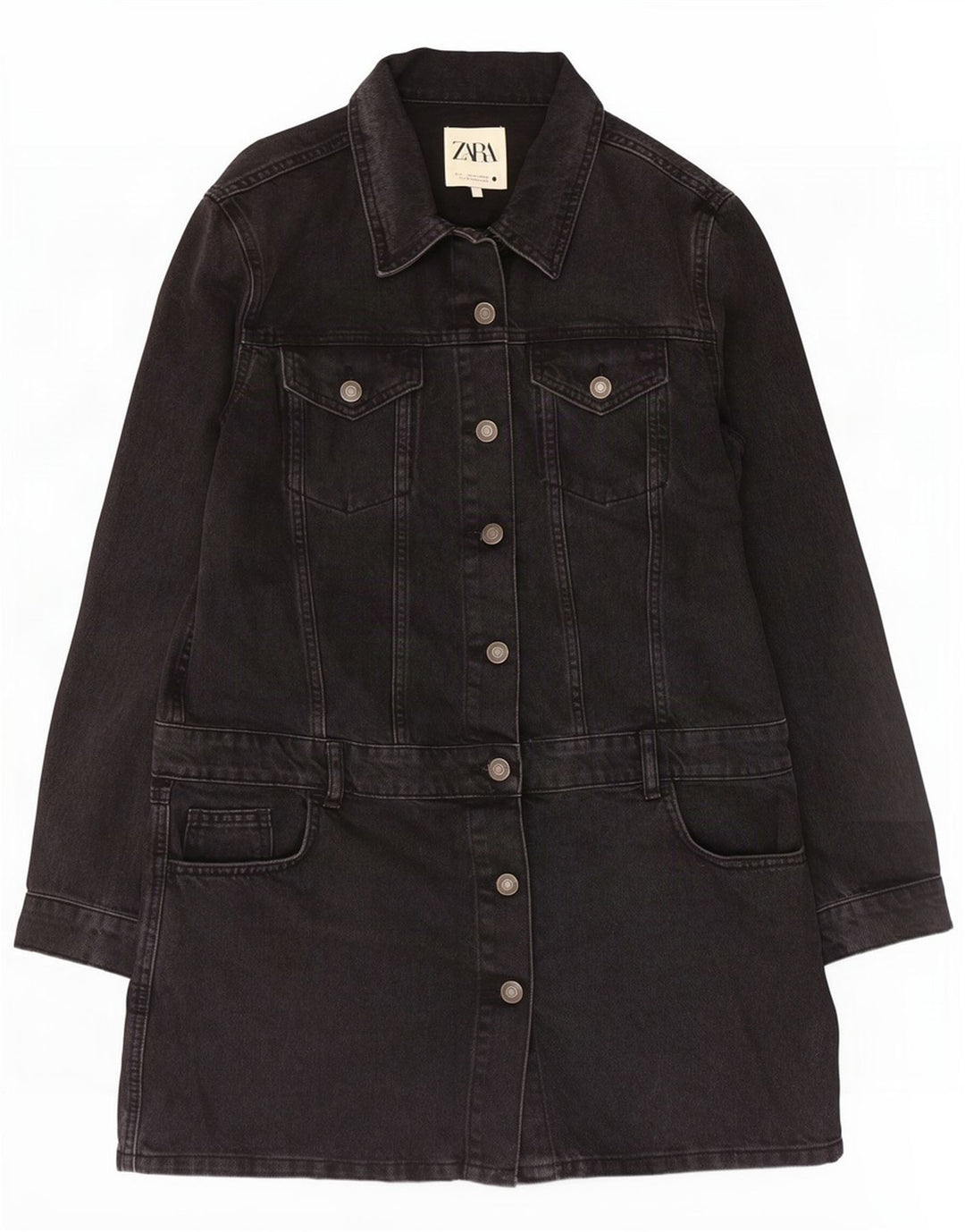 Zara Dame Denim Coat UK 14 Stor Sort Bomuld