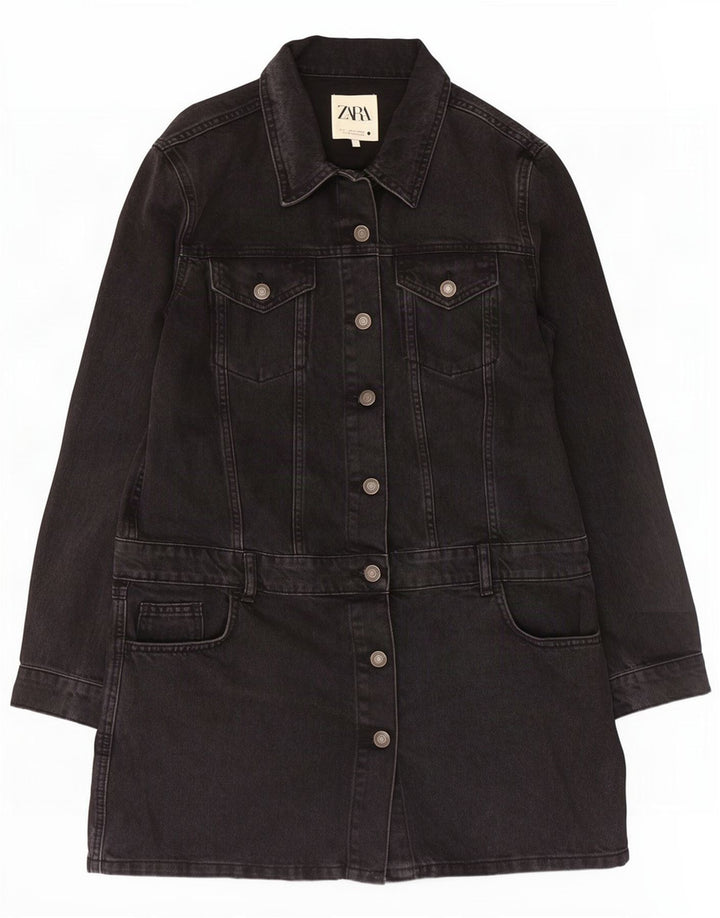 Zara Dame Denim Coat UK 14 Stor Sort Bomuld