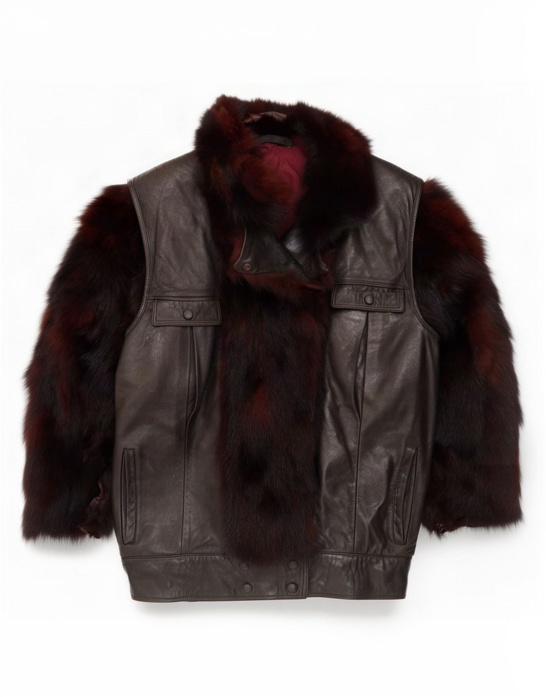 Ruffo Dame imiteret Fur Oversized Læderjakke UK 18 XL Brun