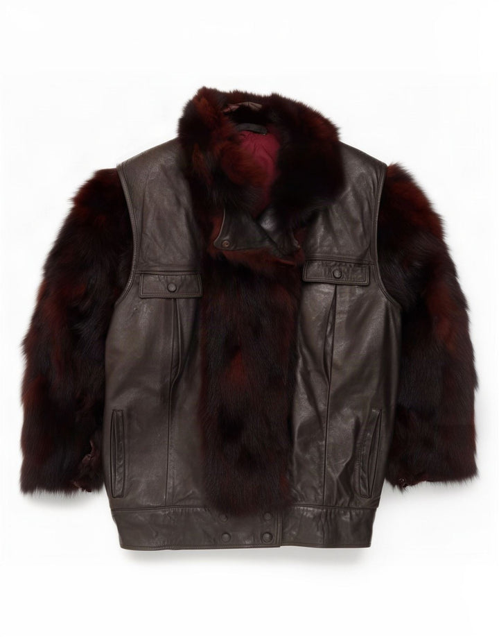 Ruffo Dame imiteret Fur Oversized Læderjakke UK 18 XL Brun