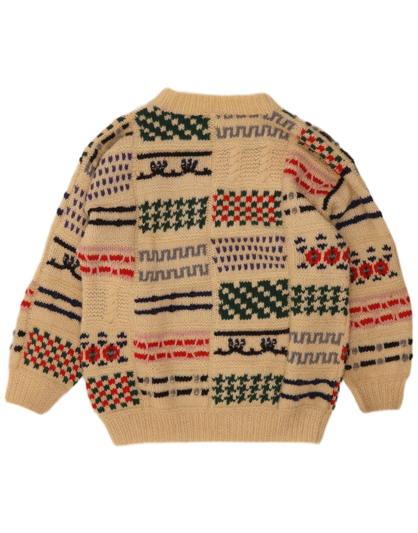Vintage herre crew neck sweater medium beige patchwork uld