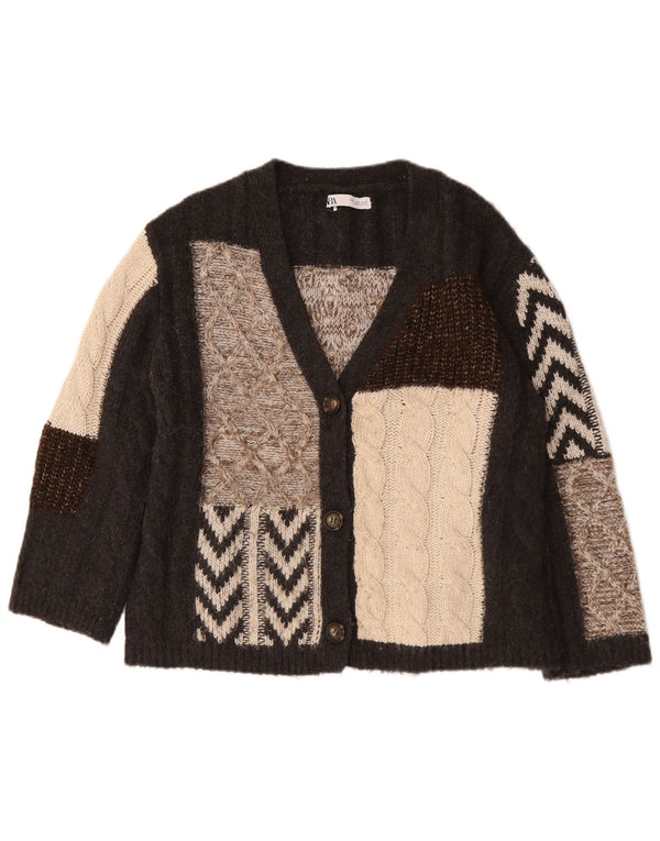 Zara oversized cardigan sweater til kvinder UK 10 Small Brown Patchwork