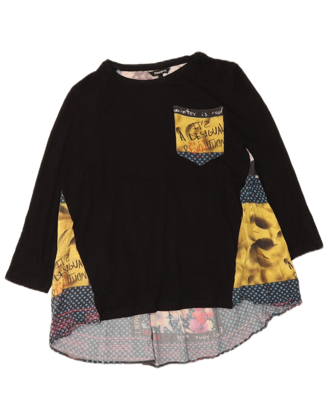 DESIGUAL Dame Grafisk Top Langærmet UK 12 Medium Sort Patchwork