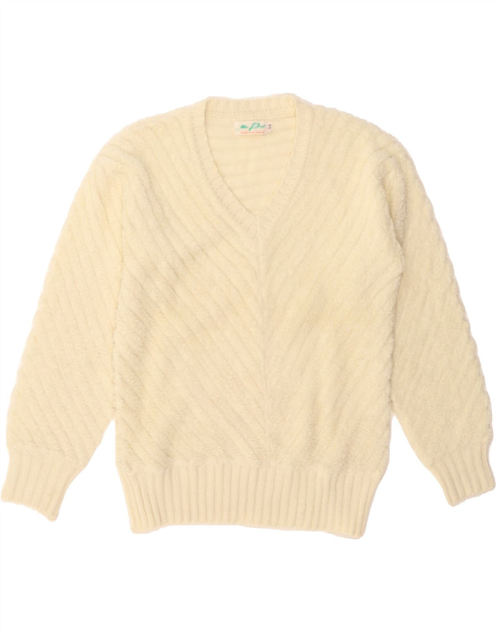 VINTAGE Womens V-Neck Jumper Sweater EU 38 Medium Beige Polyacrylic Vintage Vintage and Second-Hand Vintage from Messina Hembry 