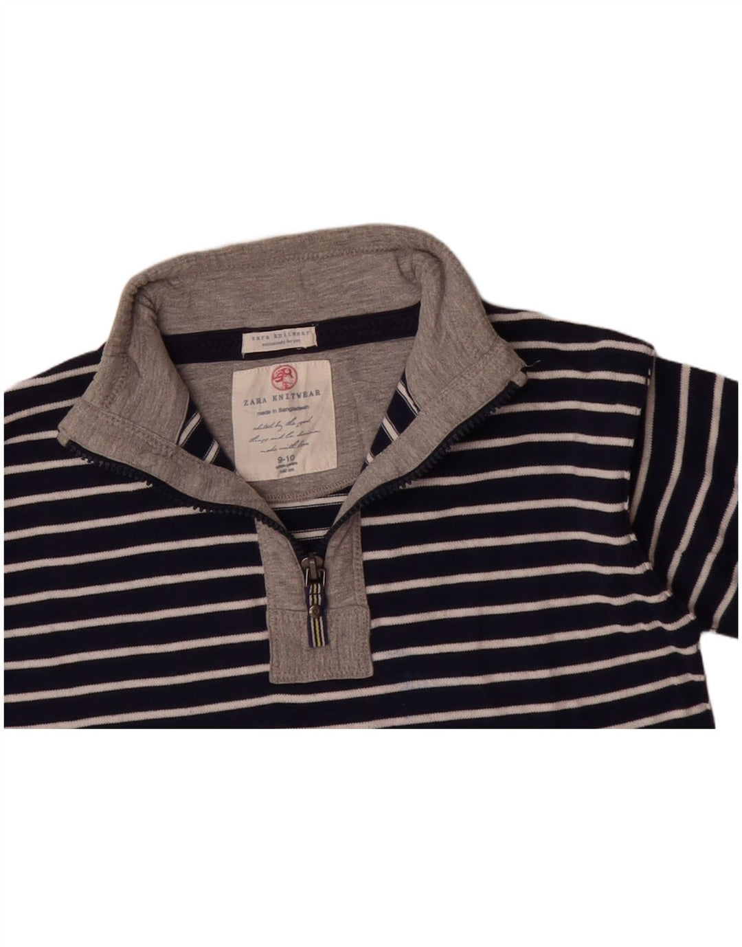 ZARA Boys Zip Neck Jumper Sweater 9-10 Years Navy Blue Striped