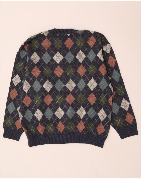 Vintage Herre V-hals trøje Sweater Large Navy Blue Argyle/Diamond Wool