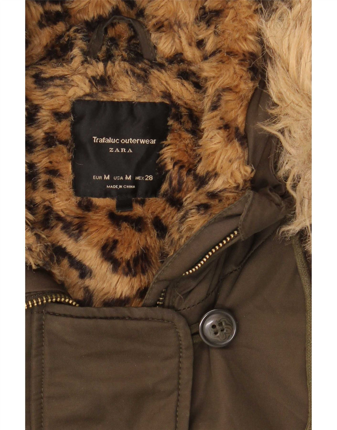 Zara Sherpa Parkajakke med hætte til kvinder UK 14 Medium Khaki