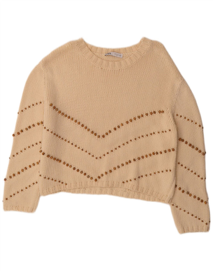 Zara Dame Oversized Boat Neck Jumper Sweater UK 14 Medium Beige Stribet
