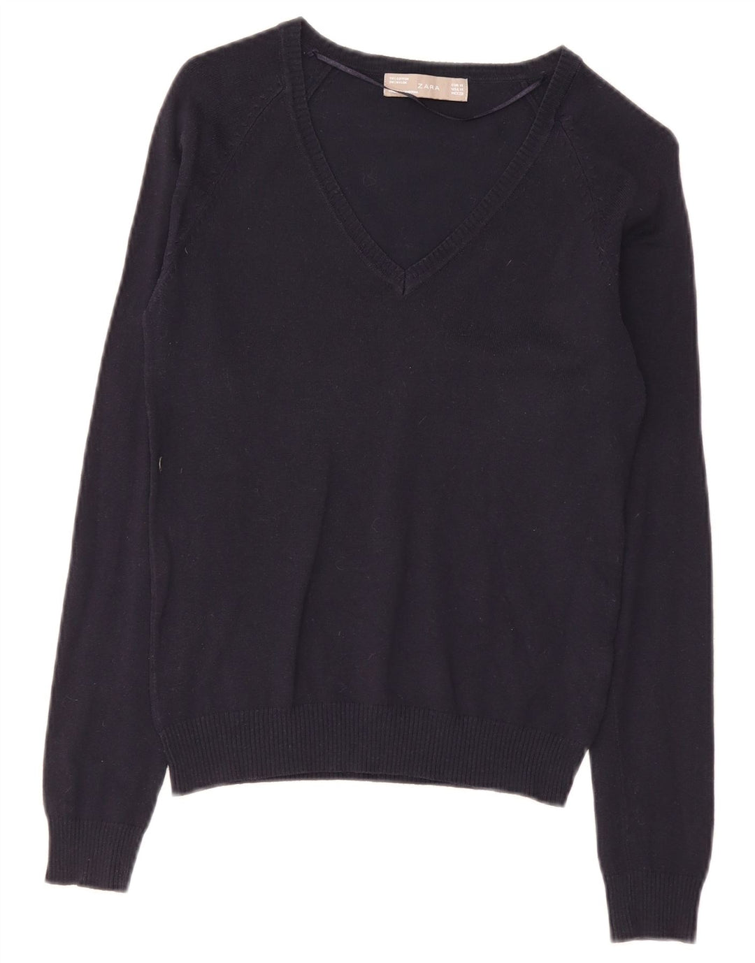 Zara Dame V-hals sweater UK 12 Mellem marineblå bomuld