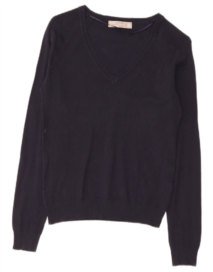 Zara Dame V-hals sweater UK 12 Mellem marineblå bomuld