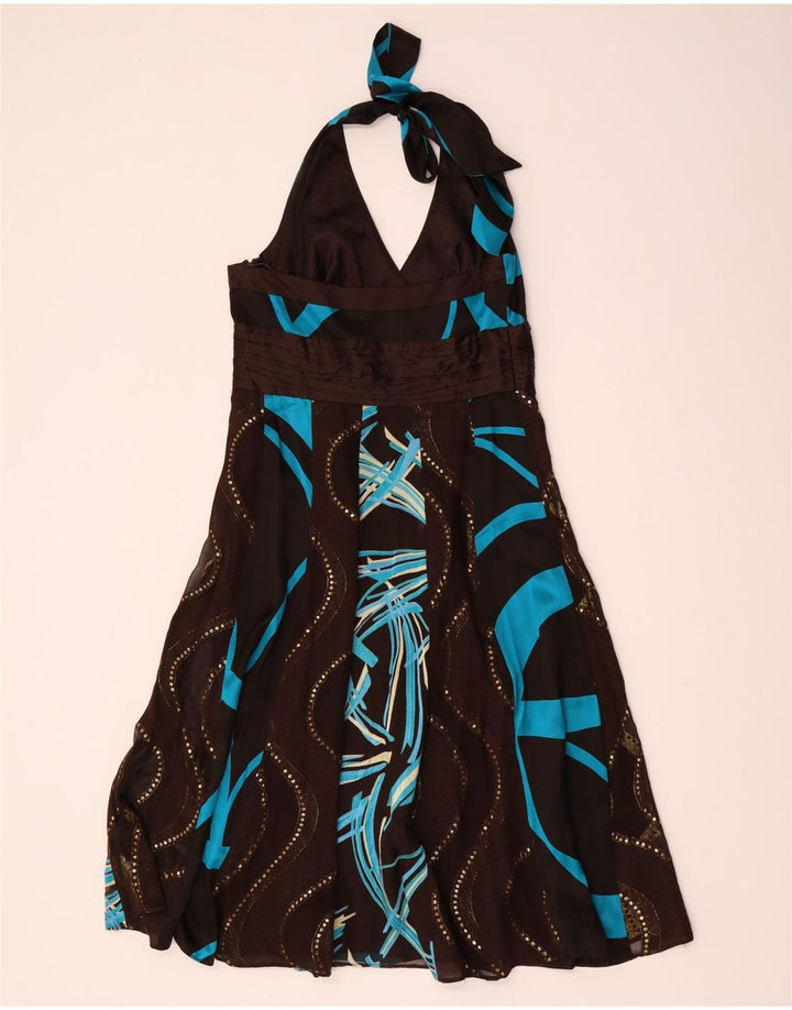 Monsoon Kvinder abstrakt mønster Halter Dress UK 12 Medium Brown Silke