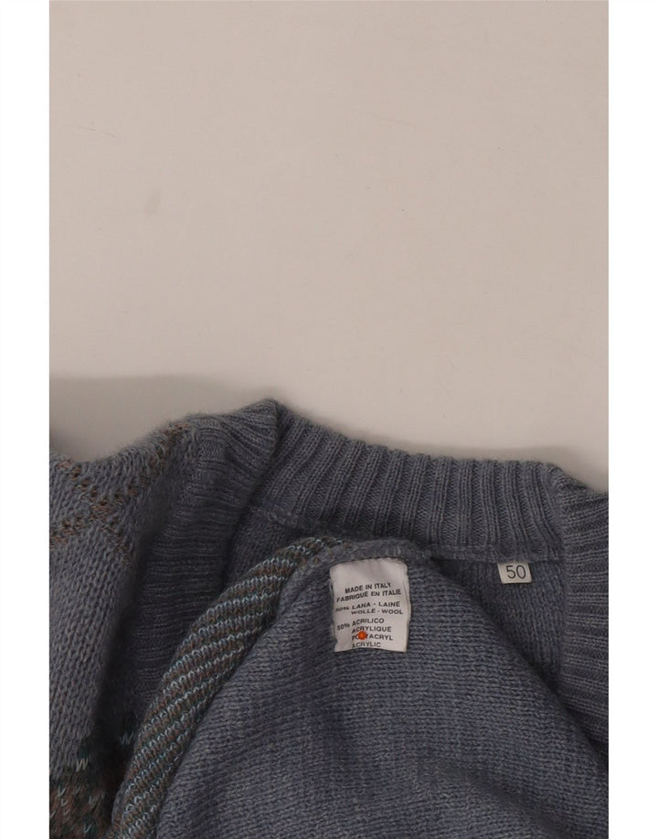 VINTAGE Herre V-hals sweater IT 50 Medium Blue Argyle/Diamond Wool