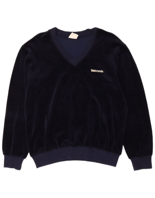 Vintage Dame Velvet Sweatshirt Jumper UK 20 2XL Navy Blue Bomuld