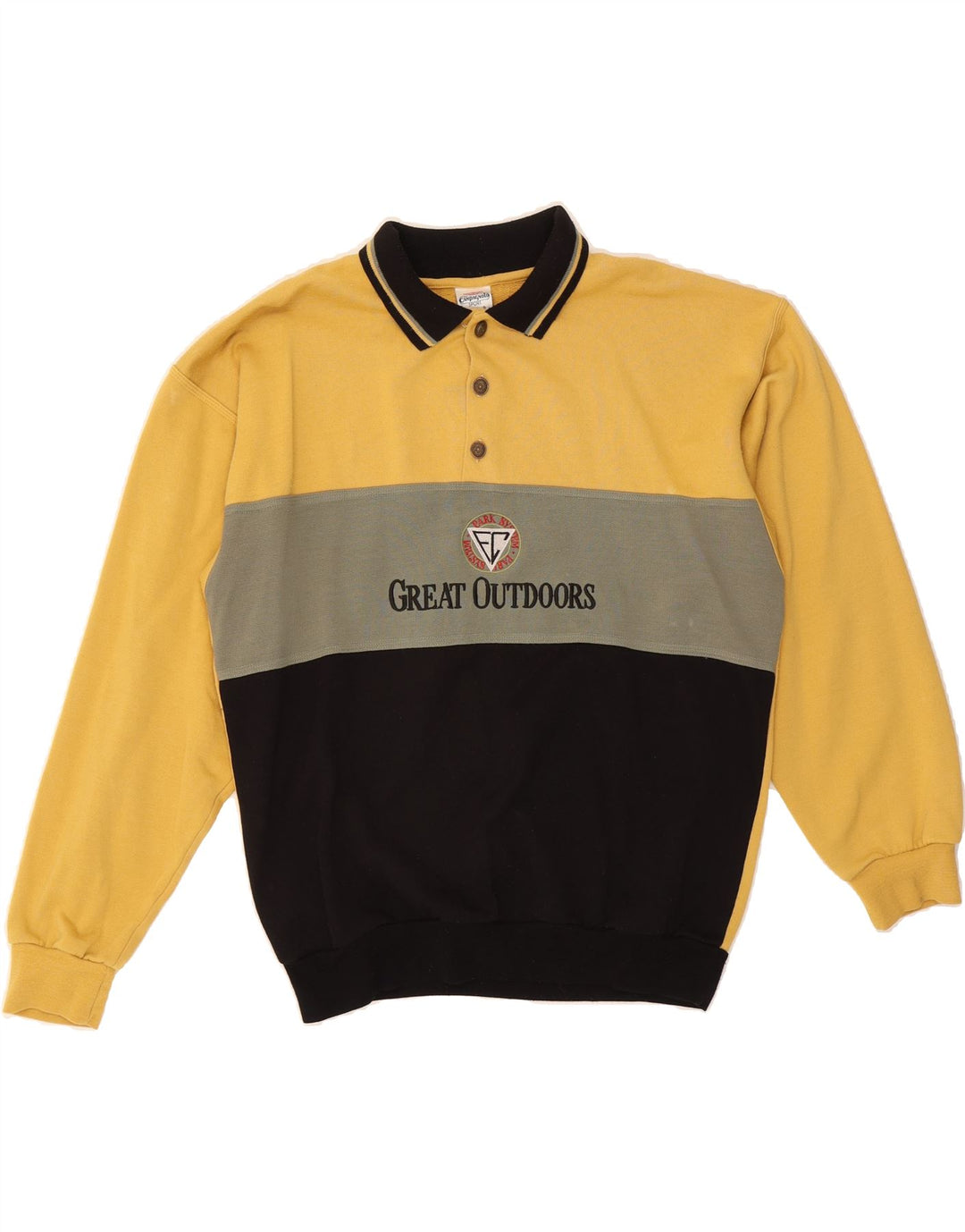 CAMPAGNOLO Mens Graphic Polo Neck Jumper Sweater Medium Yellow Colourblock Vintage Campagnolo and Second-Hand Campagnolo from Messina Hembry 