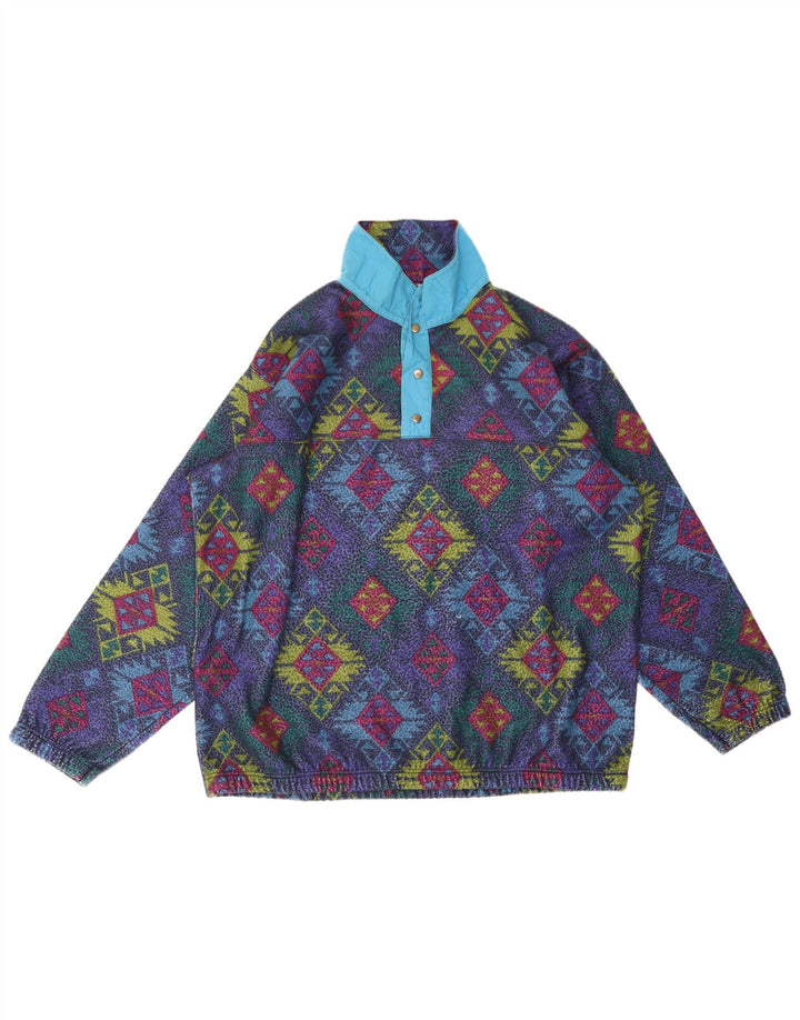 Vintage Herre Button Neck Fleece Jumper XL Flerfarvet Geometrisk