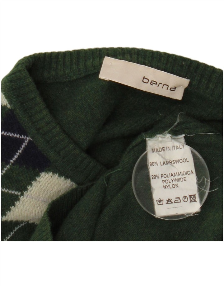 Berna Herre Boat Neck Jumper Sweater Medium Green Argyle/Diamond Wool