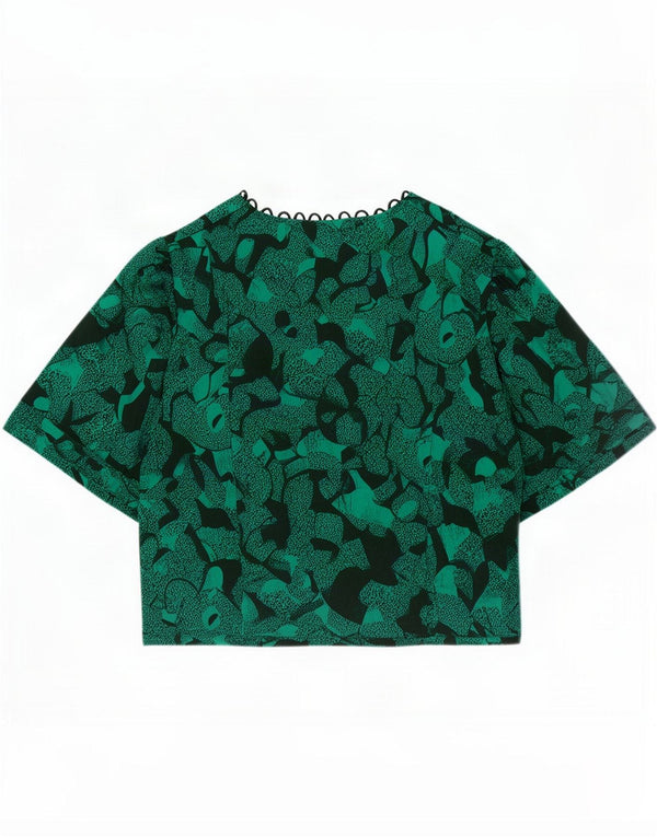 Vintage Womens Crop Blouse Top UK 16 Large Green Floral