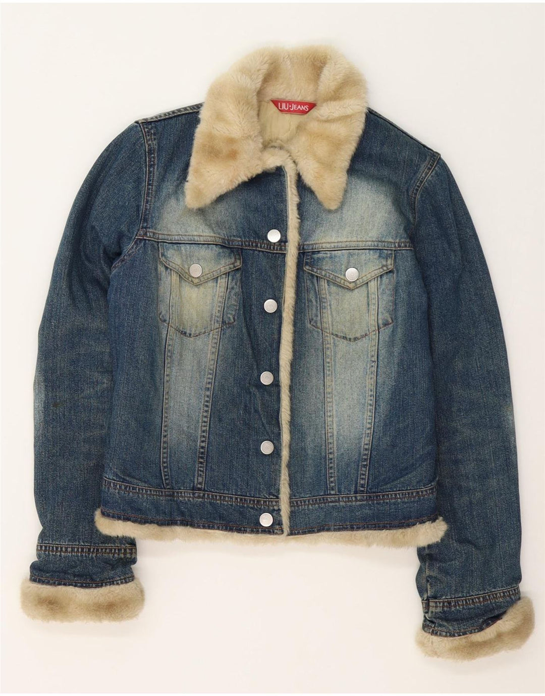 Liu Jo Dame Sherpa Denim Jacket UK 10 Small Blue Cotton