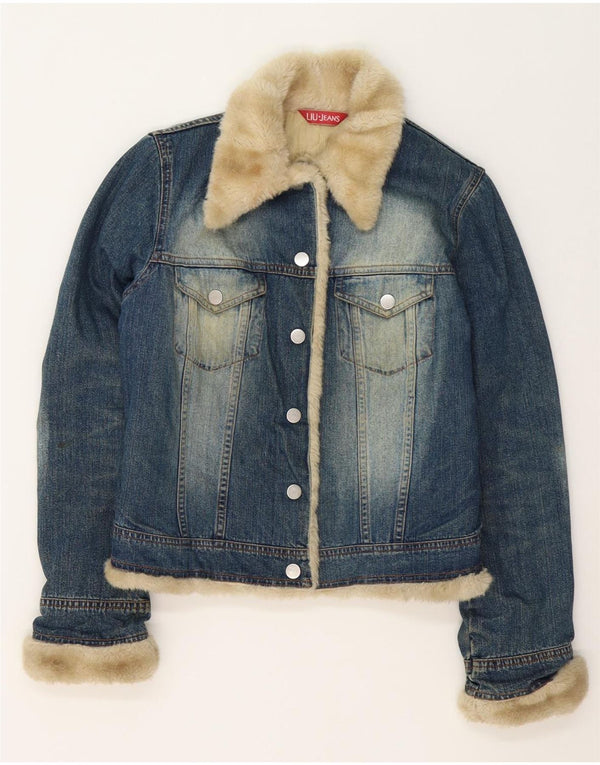 Liu Jo Dame Sherpa Denim Jacket UK 10 Small Blue Cotton