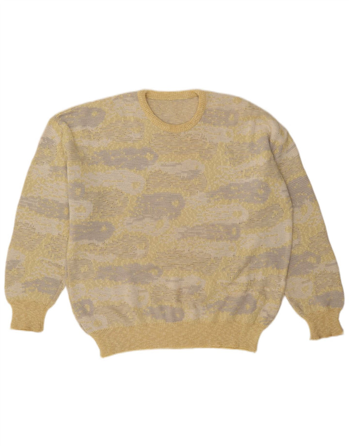Vintage herre abstrakt mønster rund hals sweater IT 54 XL gul