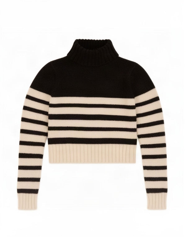 Zara Womens Crop Roll Neck Jumper Sweater UK 16 Stor sort stribet akryl