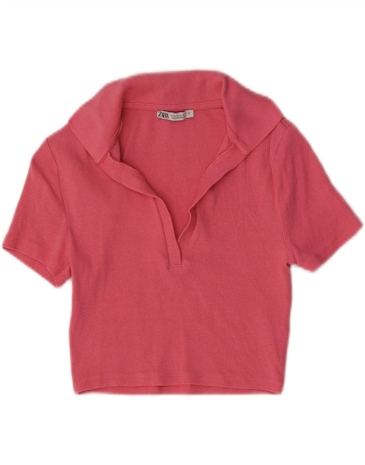 Zara Womens Crop Polo Shirt UK 12 Medium Pink Bomuld