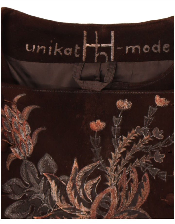Vintage Dame Crop Ruskindsjakke UK 14 Medium Brown Floral