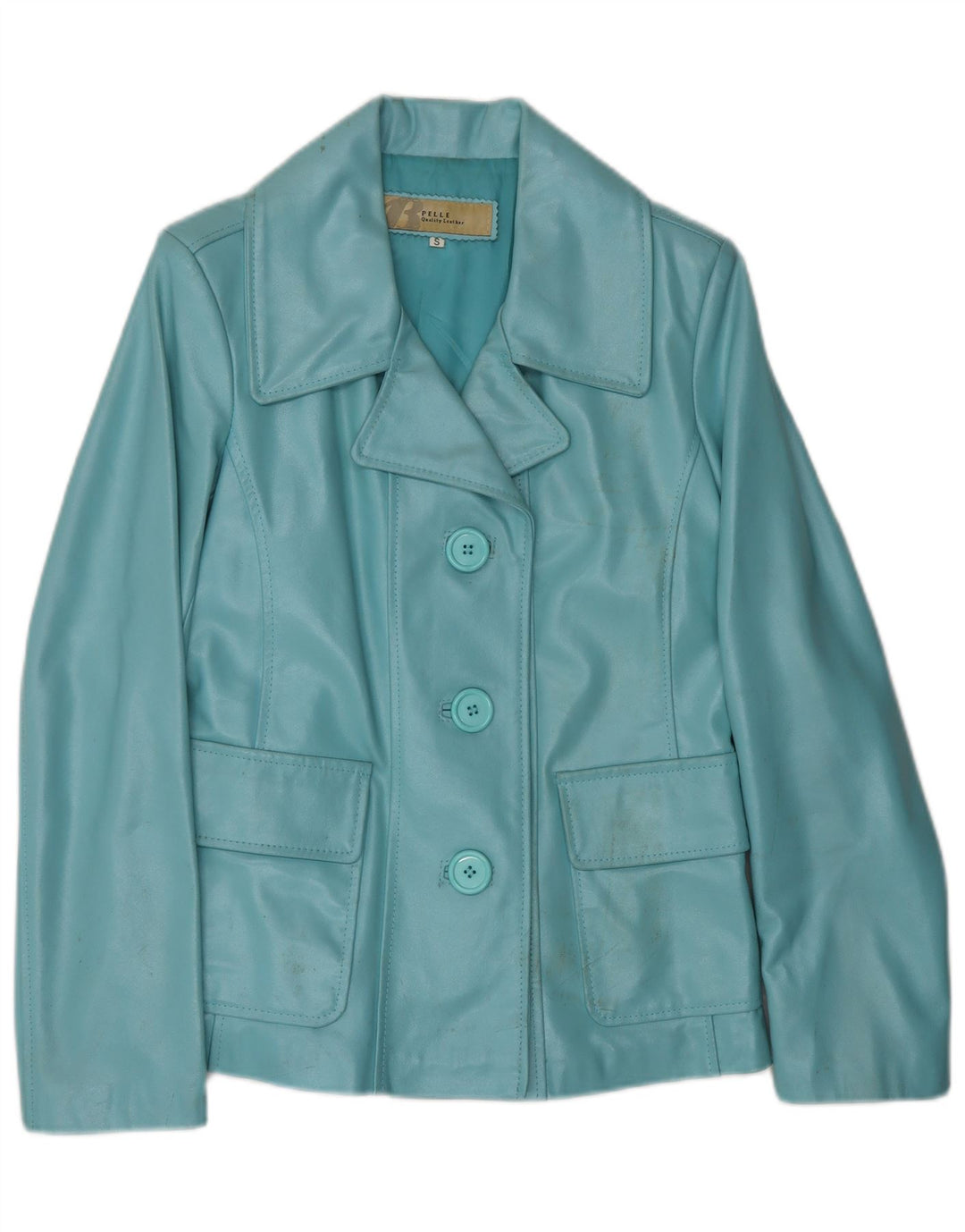 VINTAGE Dame Læderjakke UK 10 Lille Blå Læder