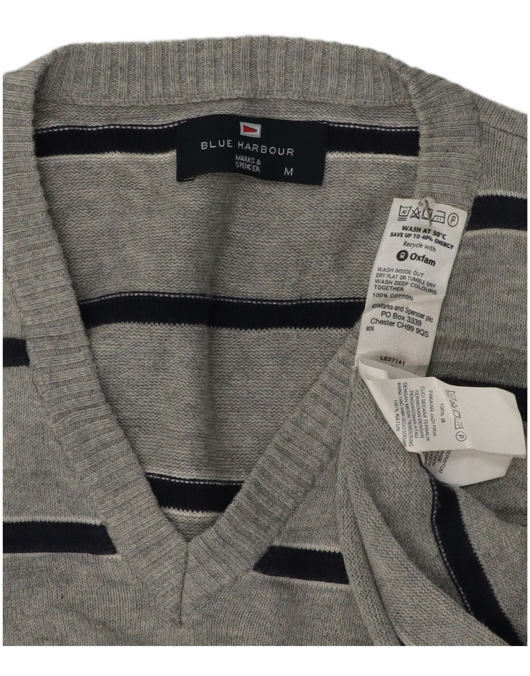 Marks & Spencer Herre Blue Harbor V-hals sweater mellem grå stribet