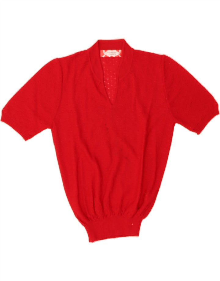 VINTAGE Womens Short Sleeve V-Neck Jumper Sweater UK 12 Medium Red Vintage Vintage and Second-Hand Vintage from Messina Hembry 