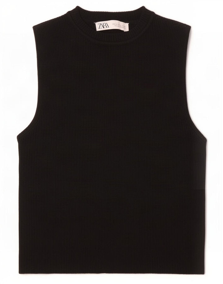 Zara Womens Crop Vest Top UK 12 Medium Black Viscose