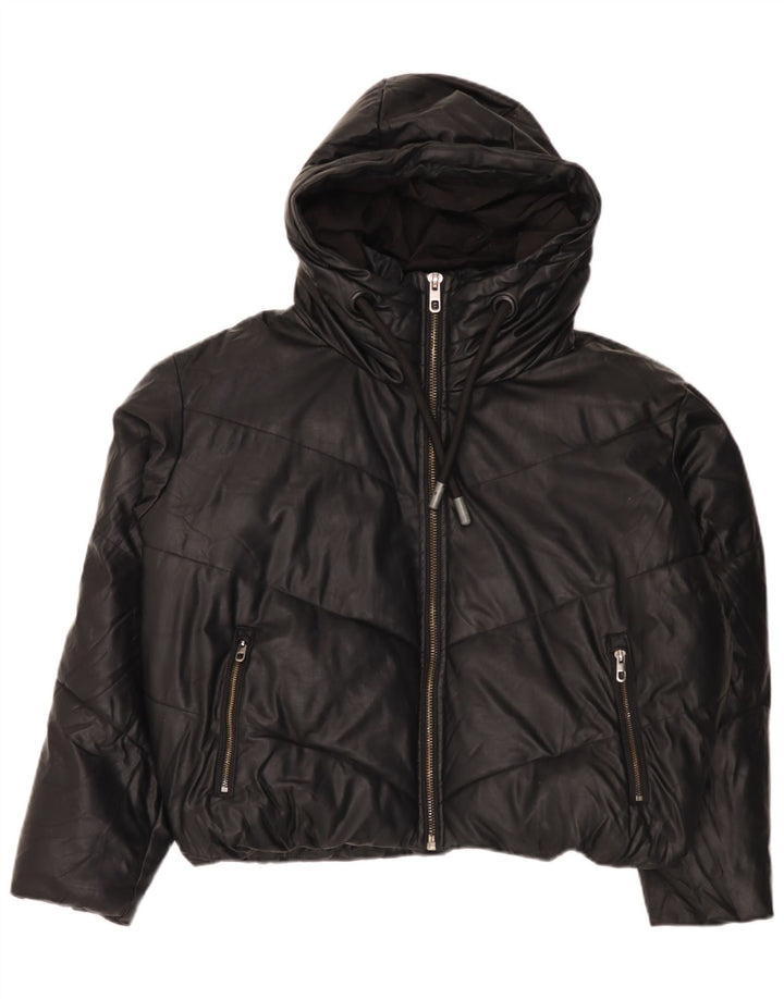 Zara Dame Oversized Hætte i imiteret læder polstret jakke UK 14 Medium Sort