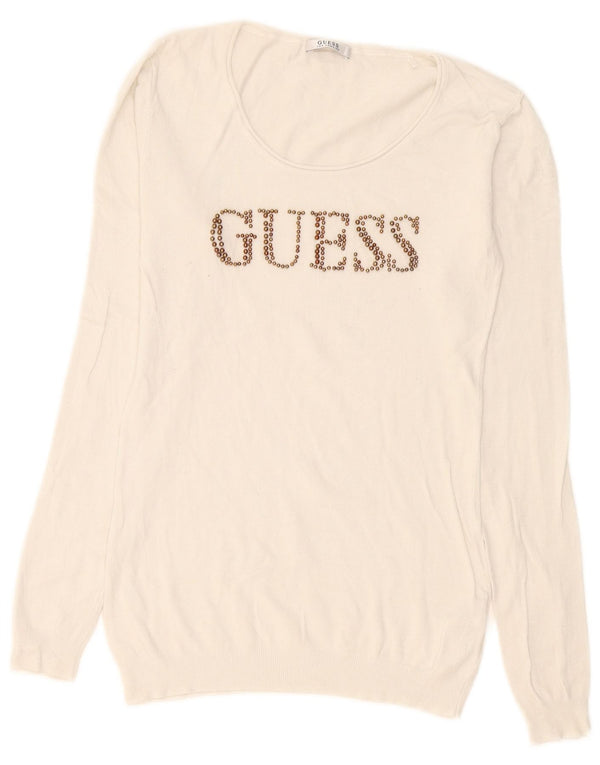 Guess Womens Grafisk Boat Neck Jumper Sweater UK 14 Large White Viscose