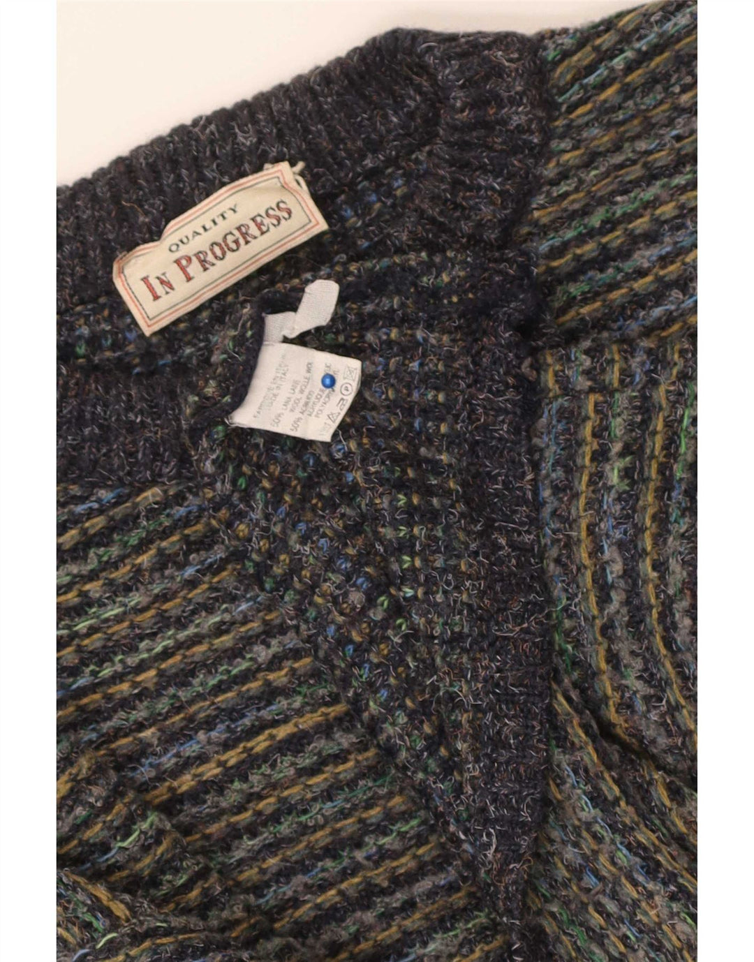 Vintage herre rund hals sweater stor flerfarvet nålestribet uld