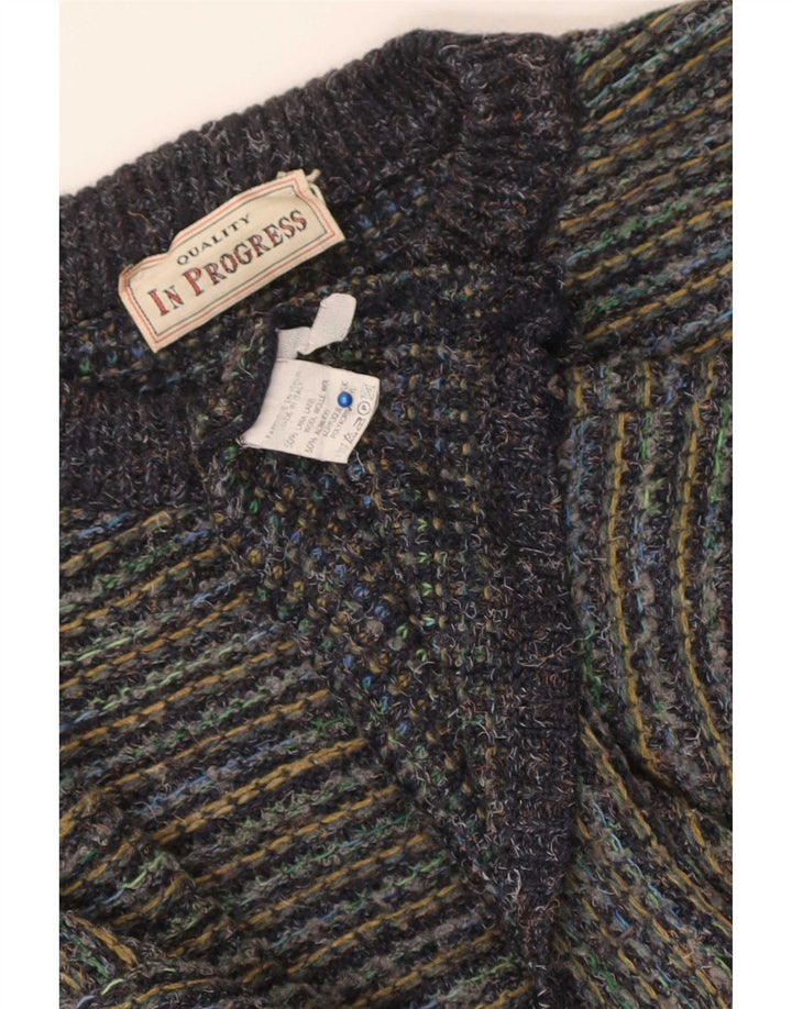 Vintage herre rund hals sweater stor flerfarvet nålestribet uld