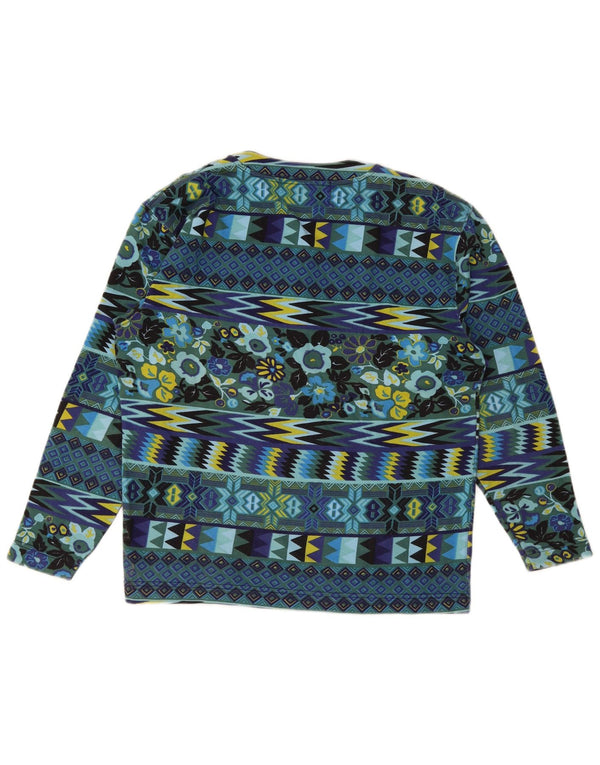 Vintage Dame Top Langærmet UK 14 Medium Blue Geometrisk Bomuld