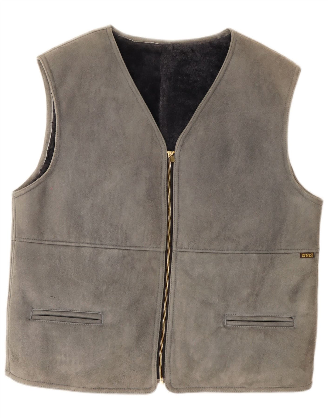 Vintage Herre Shearling Gilet IT 54 2XL Grå Læder