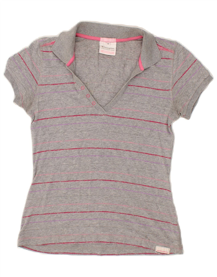 CHAMPION Womens Polo Shirt UK 12 Medium Grey Striped Vintage Champion and Second-Hand Champion from Messina Hembry 