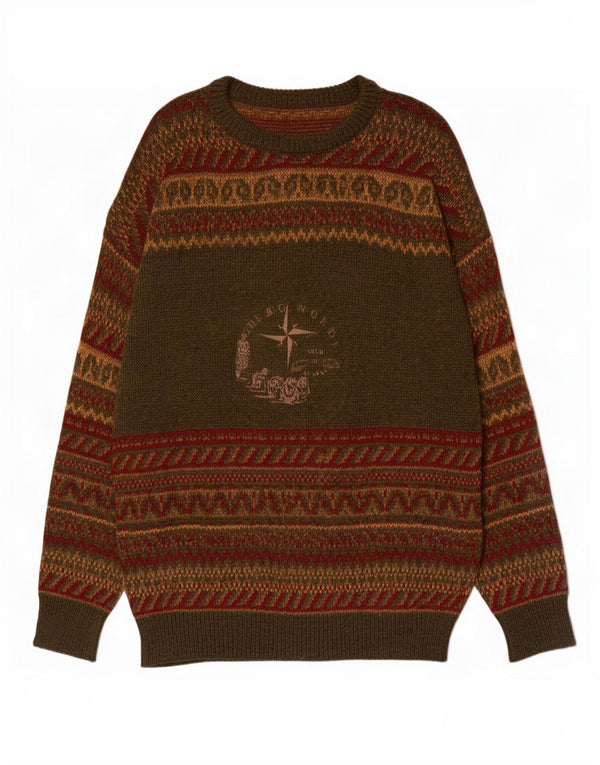 Vintage Herre Crew Neck Jumper Sweater Large Green Fair Isle Wool
